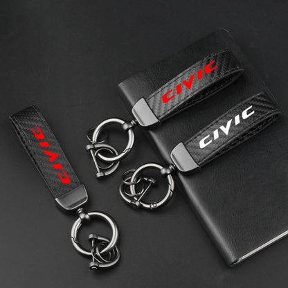 Leather Carbon Fiber Car Ring Keychain Trinket Zinc Alloy Keyrings Rotate 360 Degrees For Honda Civic 8Th 10Th Gen Accessories