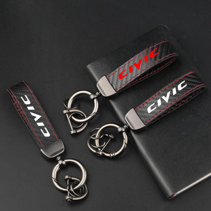 Leather Carbon Fiber Car Ring Keychain Trinket Zinc Alloy Keyrings Rotate 360 Degrees For Honda Civic 8Th 10Th Gen Accessories