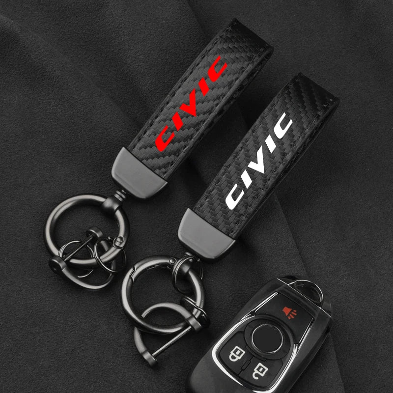 Leather Carbon Fiber Car Ring Keychain Trinket Zinc Alloy Keyrings Rotate 360 Degrees For Honda Civic 8Th 10Th Gen Accessories